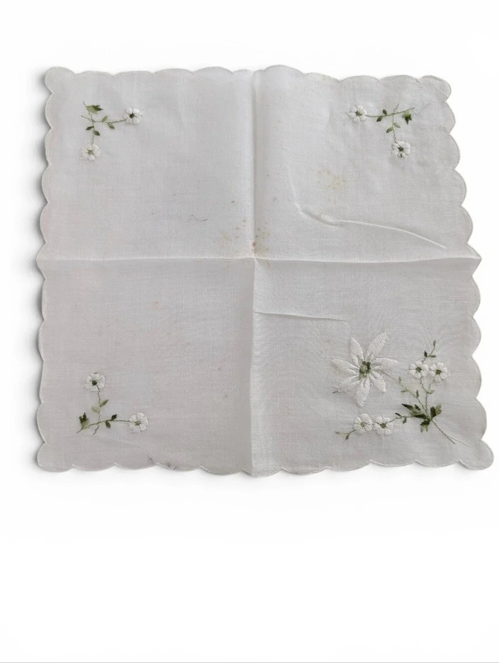 VINTAGE Hankerchief Embroidered White Linen Green Floral Design